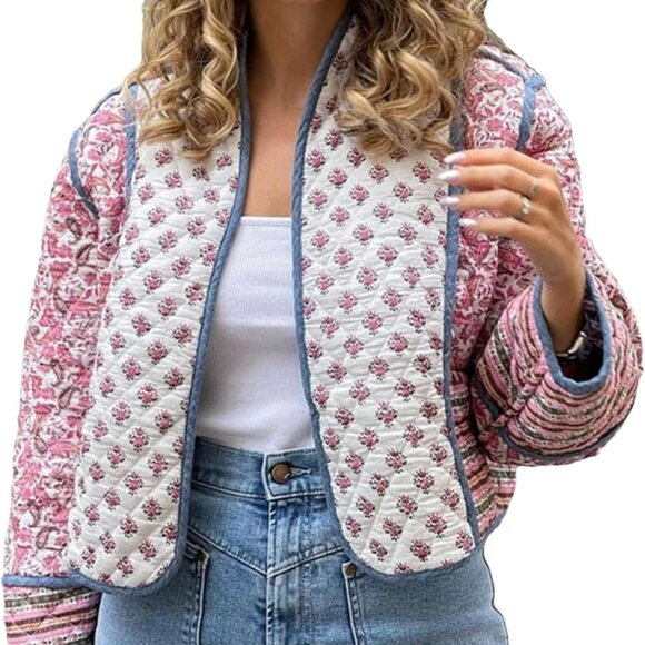 Women’s Retro Floral Quilted Cropped Puffer Jacket Stand Collar Vintage Coat - Picture 4 of 4